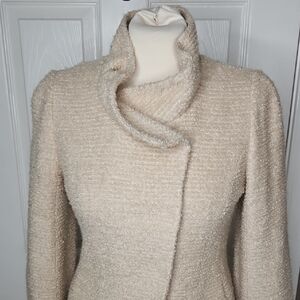 JIGOTT Elegant Cream/Oat Textured Metallic Silver Thread button Down Blazer